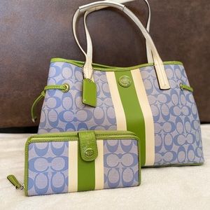 Green/blue/white Coach purse and wallet